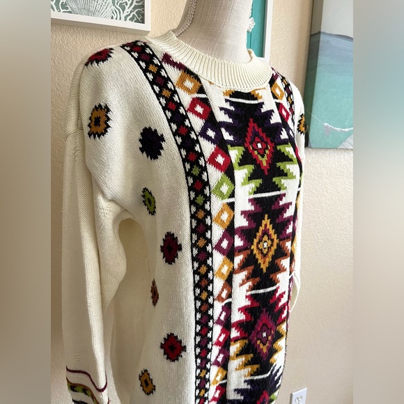 Vintage 80s Beldochpopper Crewneck Cream Aztec oversized grandpa Sweater Size M - Picture 4 of 13